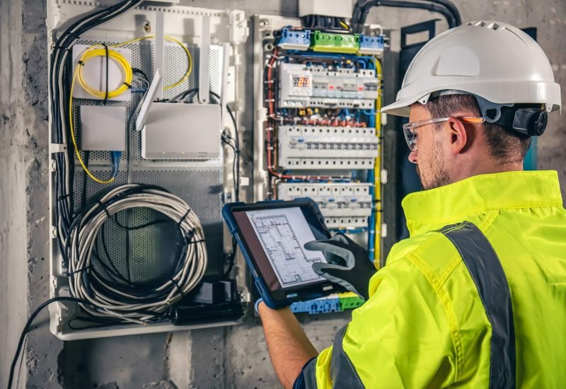 electricista con casco sosteniendo bombilla